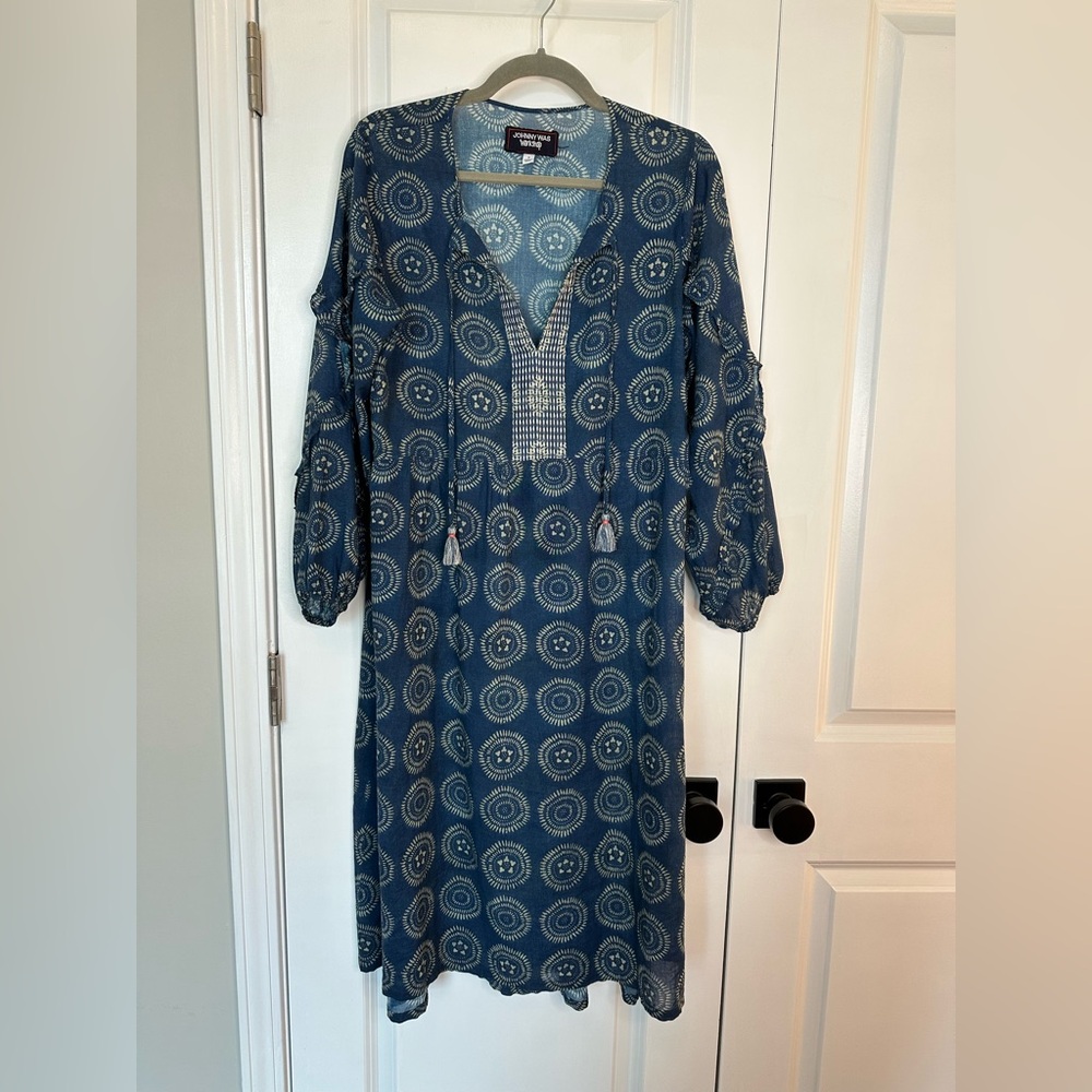 Johnny Was Women’s Ruffle Long Sleeve Medallion Print Dress Boho Blue (Size S)